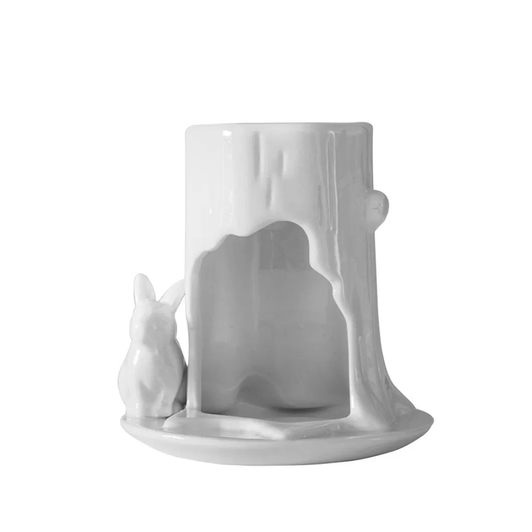 White Ceramic Candle Holder Embossed Rabbit Tea Light Holder Ornament