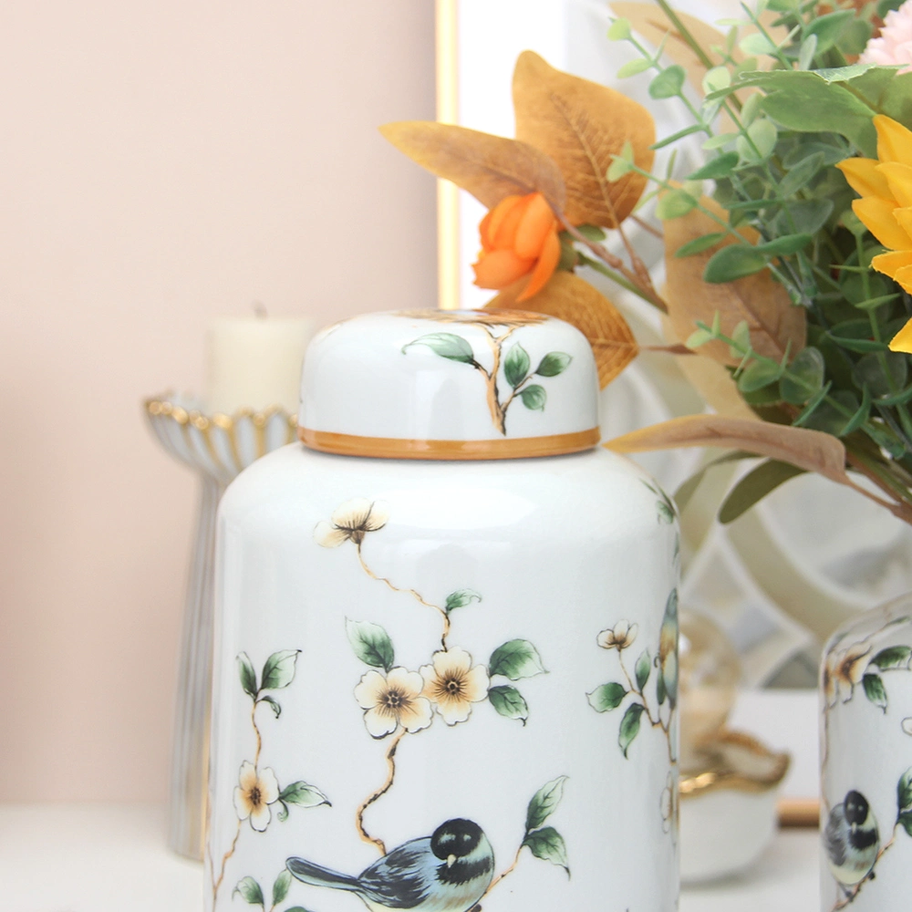 J041 Wholesale White Flower Bird Pattern Porcelain Tea Coffee Pot Sets Farmhouse Decoration Ceramic Storage Container